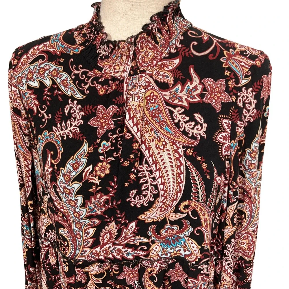 Anthropologie Dress Womens Small Black Red Paisley Mock Ruffle Peasant Prairie‎